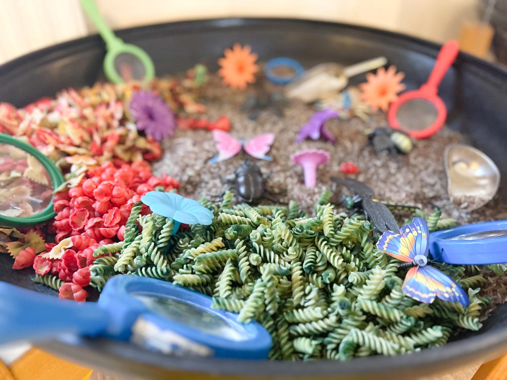 a close up of a tray with colourful past, plastic butterflies and flowers and children's magnifying glasses