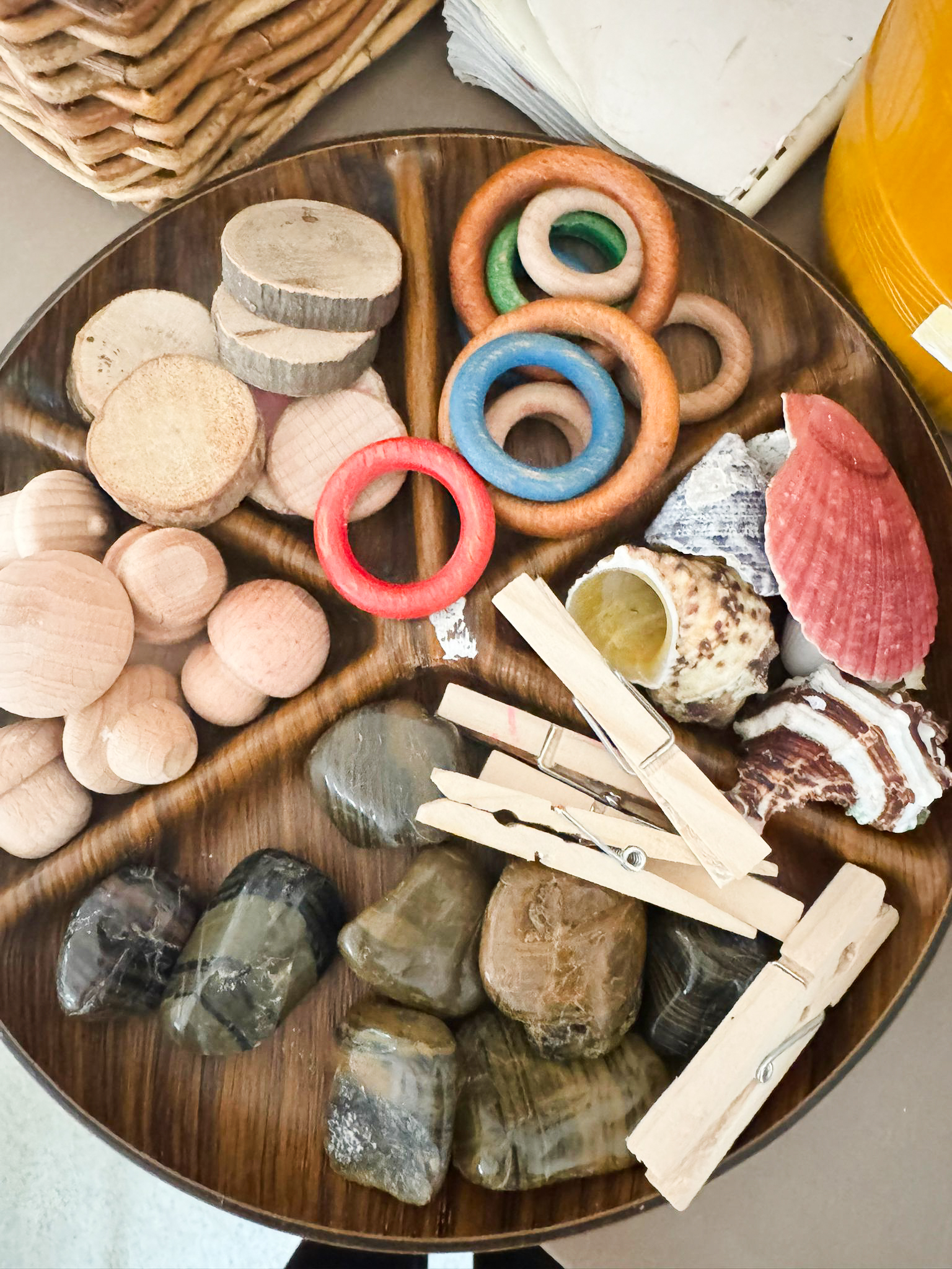 a tray with a range of items like shells, rocks, wooden toys